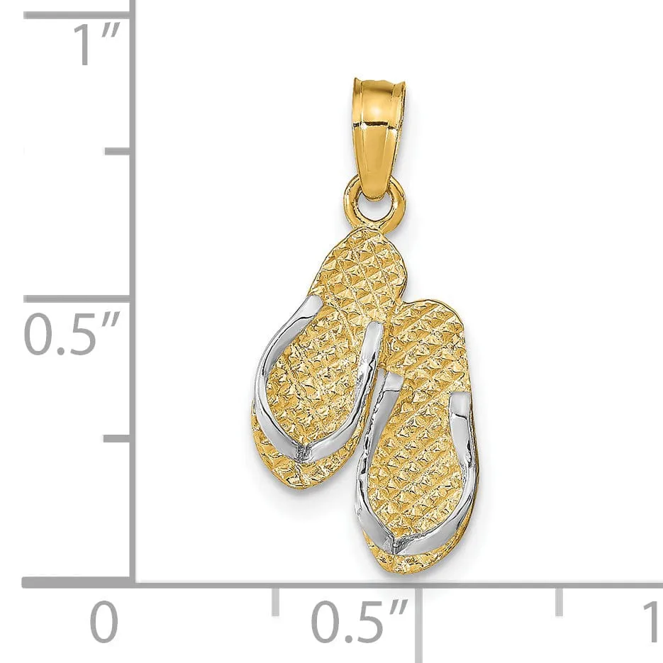 14k Yellow Gold, White Rhodium Textured Polished Finish Reversible HAWAII Double Flip-Flop Sandles Charm Pendant