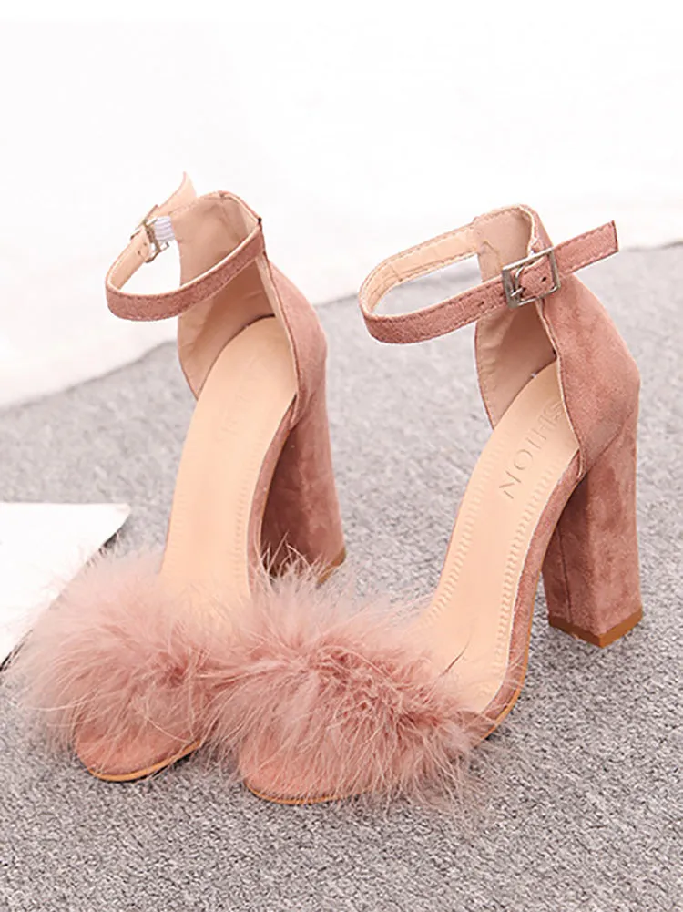 Amozae-Fur Ankle Strap Sandal Heels