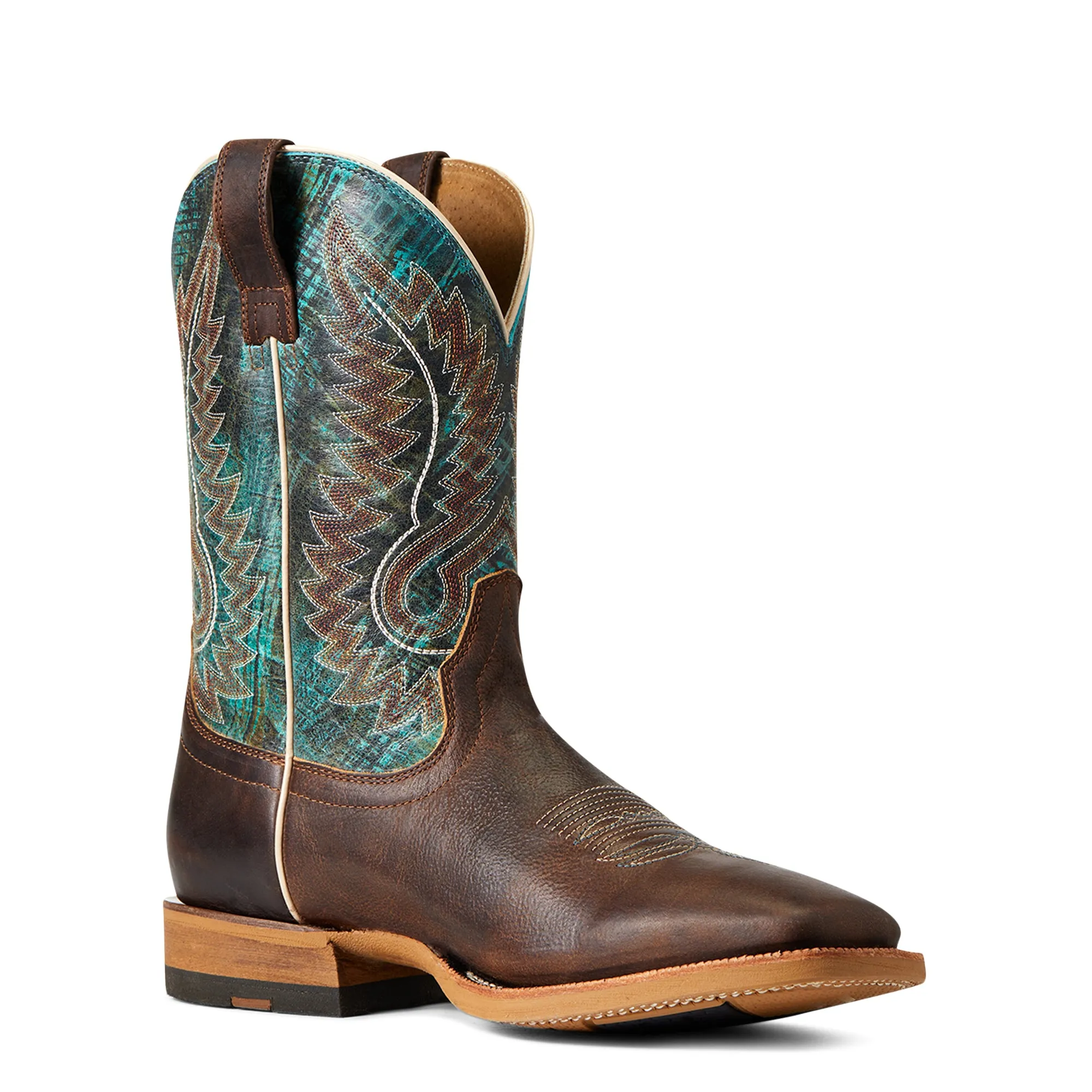 Ariat Men's Brown Cow Camp Broad Square Toe Western Boots with Turquoise Tops