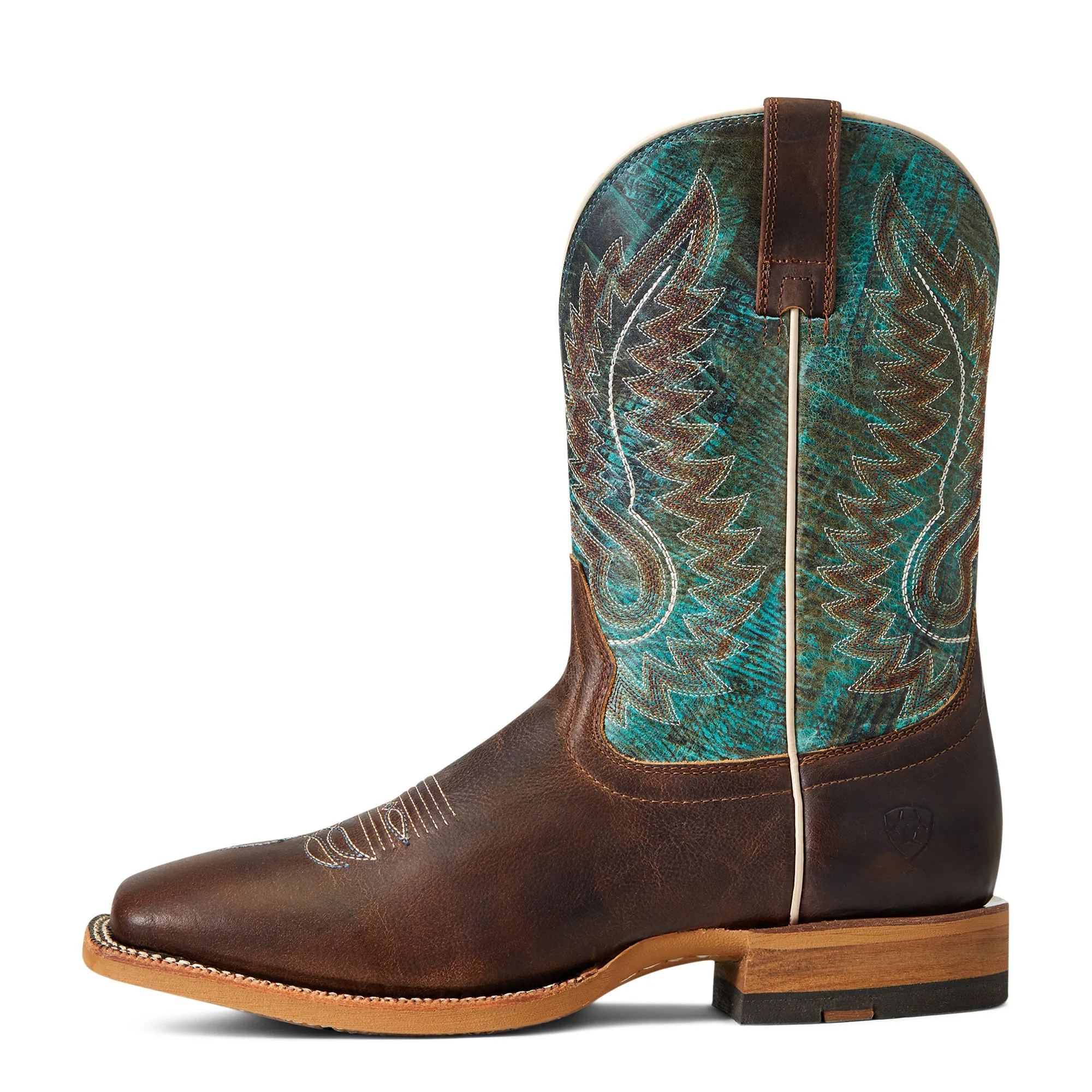 Ariat Men's Brown Cow Camp Broad Square Toe Western Boots with Turquoise Tops