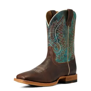 Ariat Men's Brown Cow Camp Broad Square Toe Western Boots with Turquoise Tops