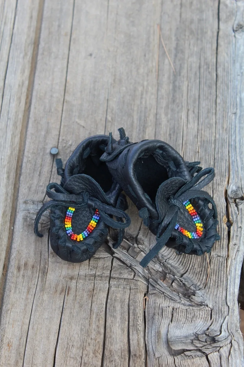 Beaded baby moccasins, black buckskin moccasins