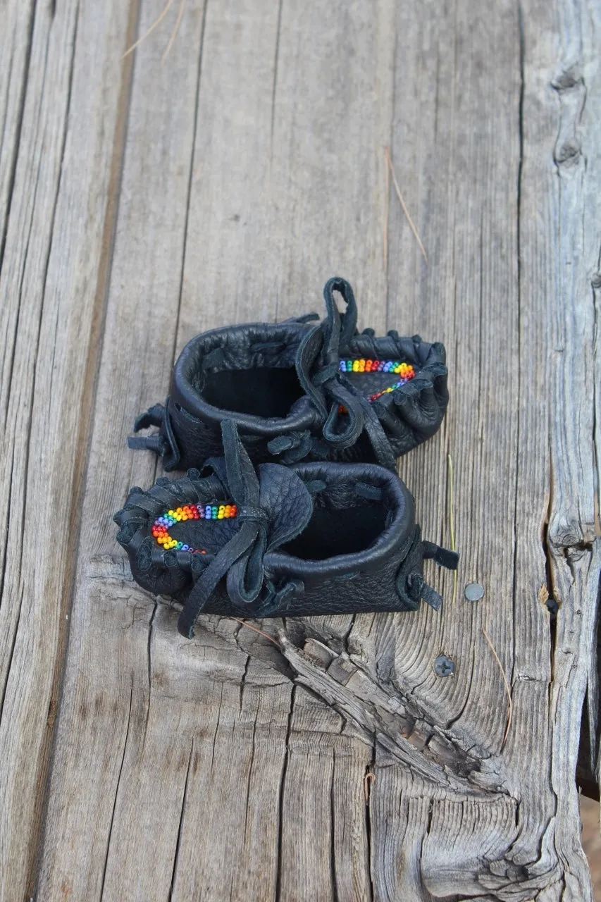 Beaded baby moccasins, black buckskin moccasins