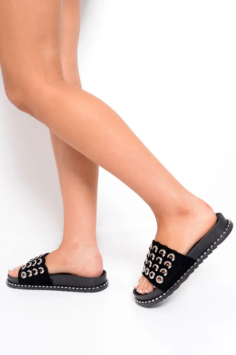 Black Faux Suede Eyelet Sliders - Miel