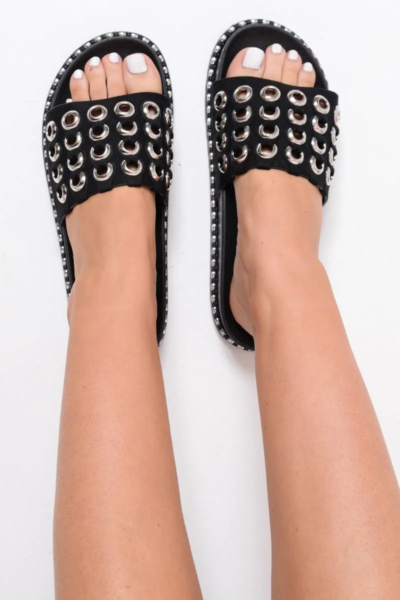 Black Faux Suede Eyelet Sliders - Miel