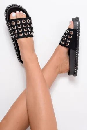 Black Faux Suede Eyelet Sliders - Miel