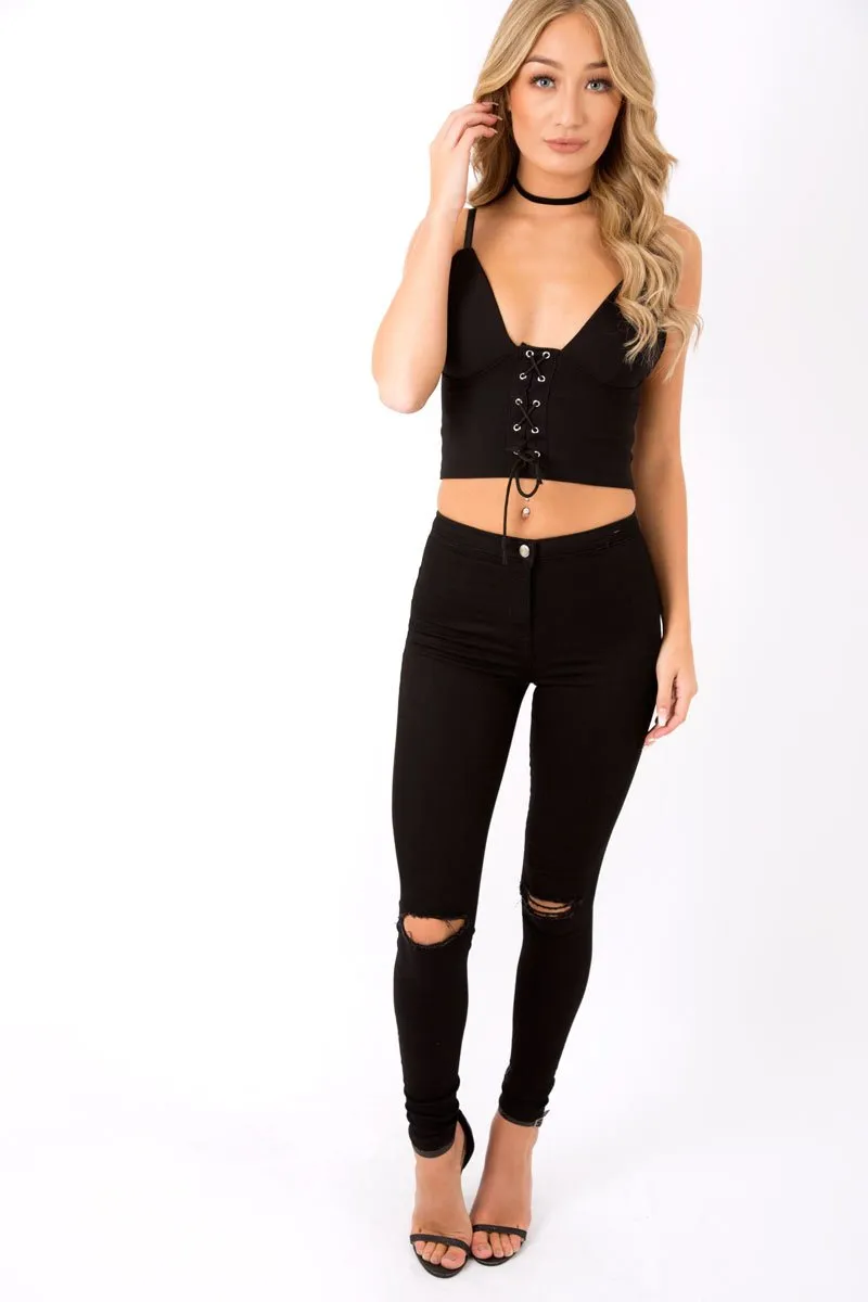 Black Lace Up Crop Top - Cindi