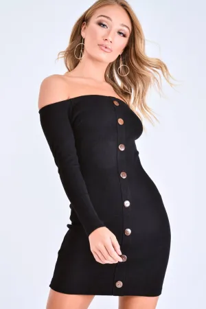 Black Rib Button Down Mini Dress - Lorenna