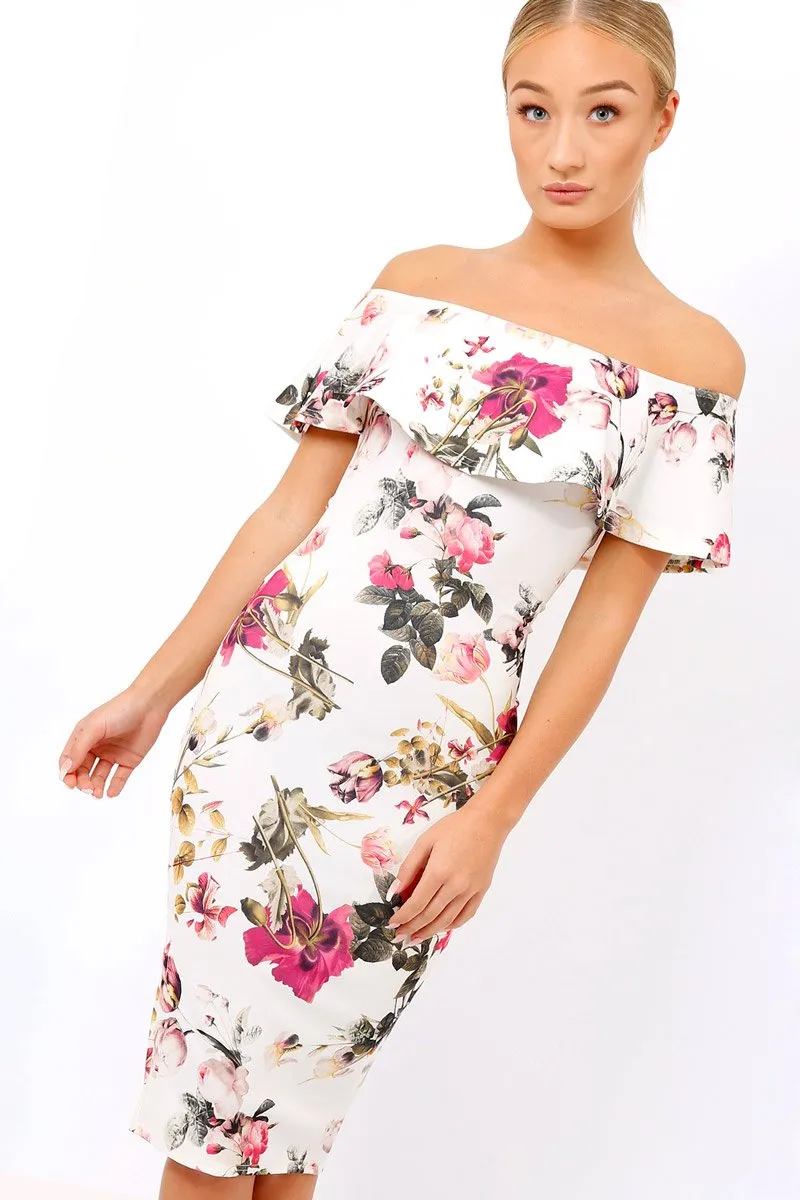 Cream Floral Bodycon Bardot Dress - Luanne