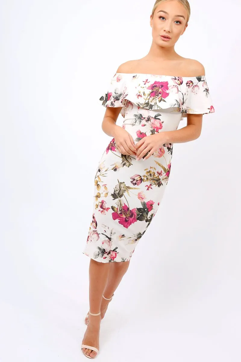 Cream Floral Bodycon Bardot Dress - Luanne