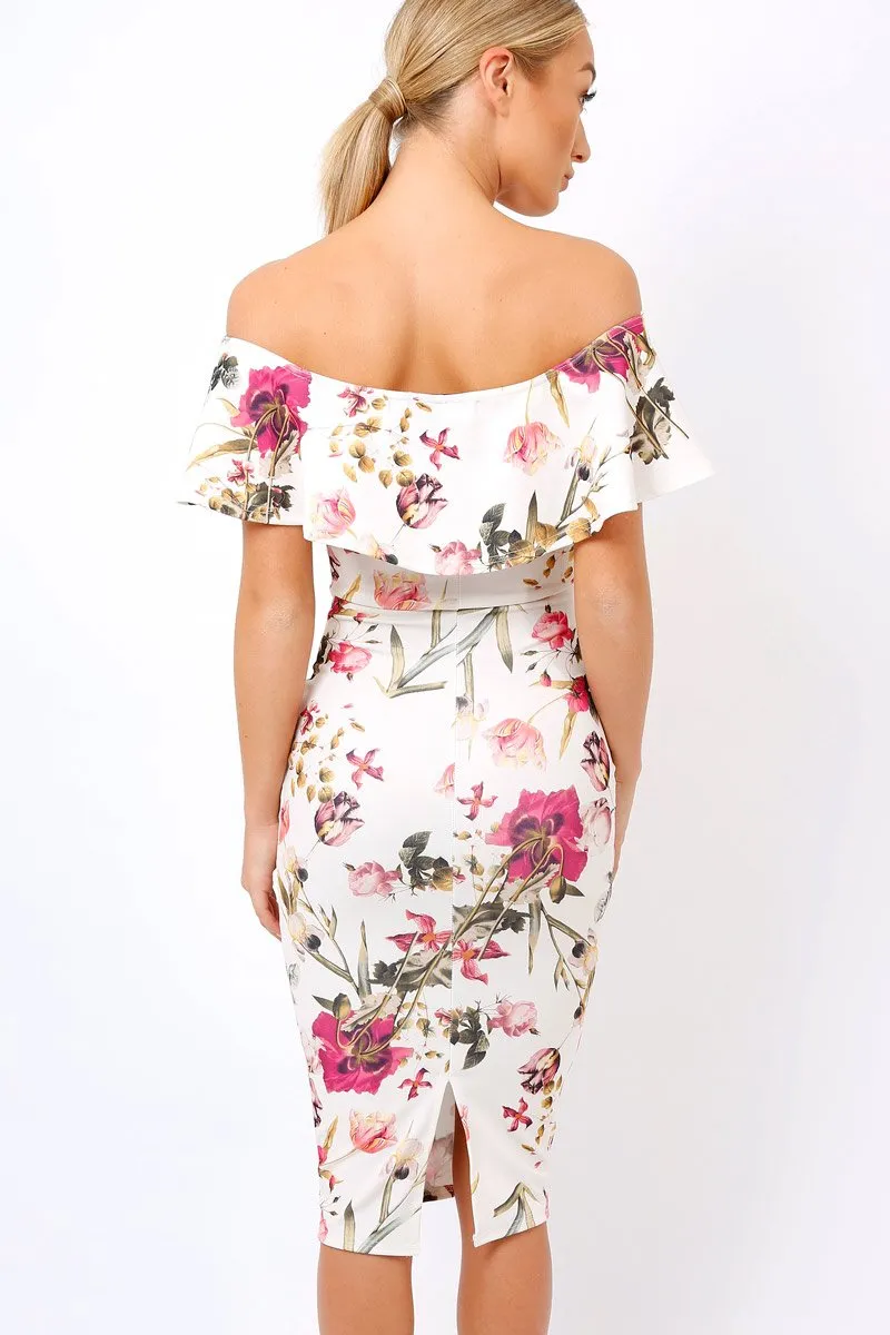 Cream Floral Bodycon Bardot Dress - Luanne