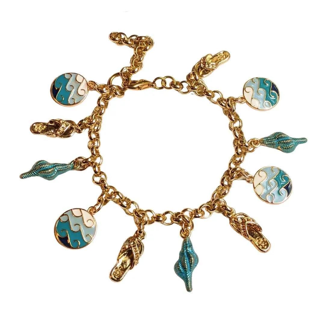 Enamel Seashell, Wave, Flip flop Charm Bracelet