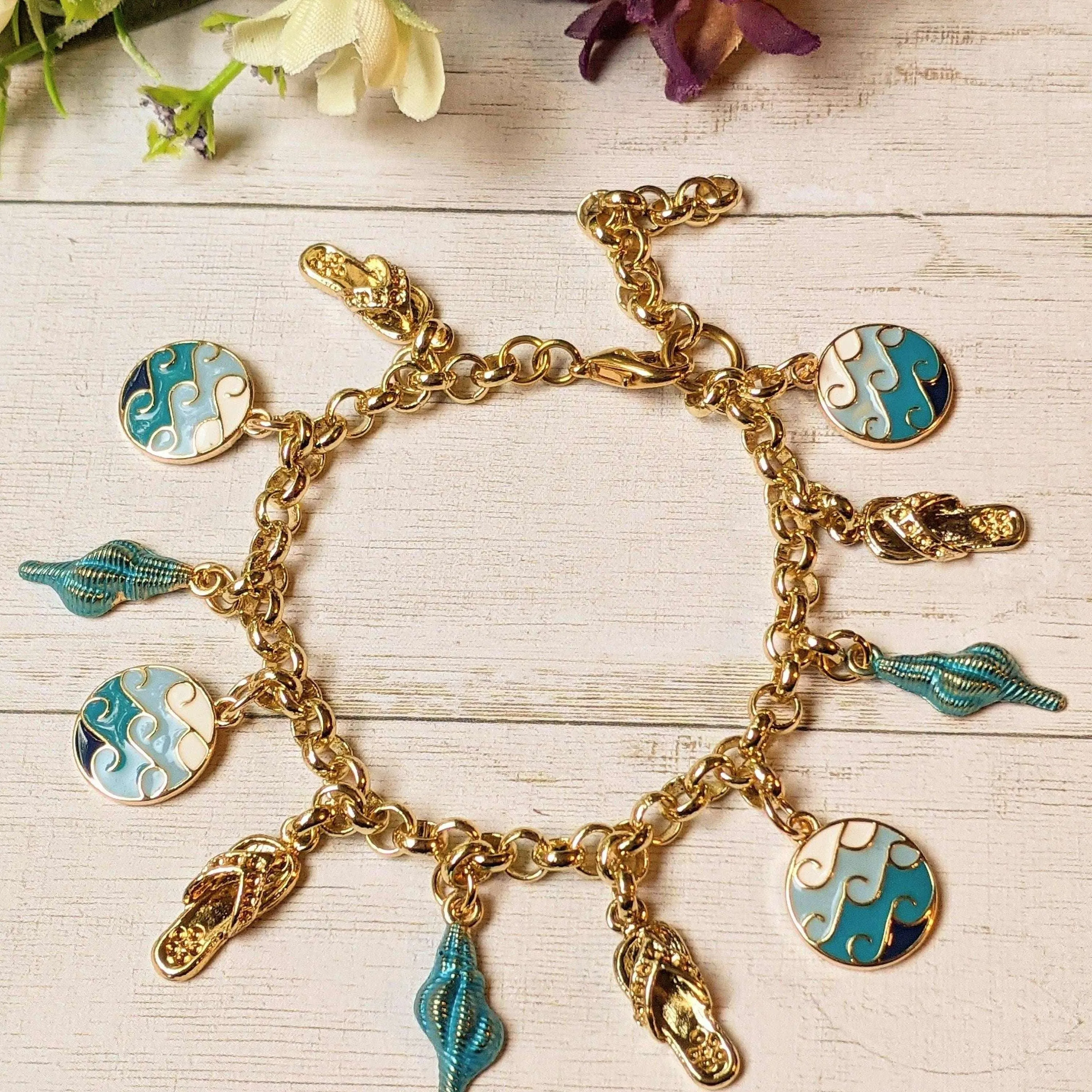 Enamel Seashell, Wave, Flip flop Charm Bracelet