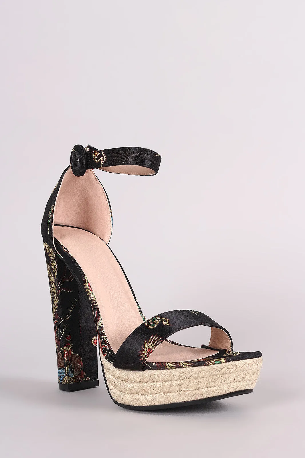 Floral Brocade Satin Ankle Strap Chunky Platform Heel