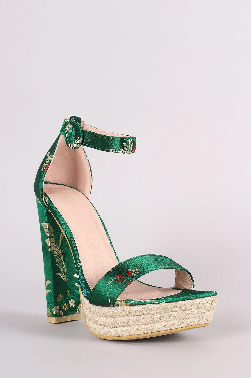 Floral Brocade Satin Ankle Strap Chunky Platform Heel