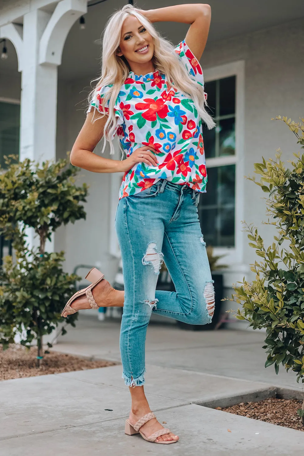 Floral Frill Trim Ruffled Top