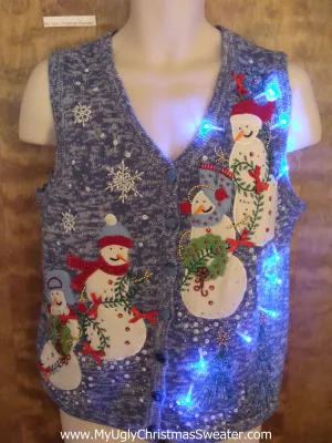 Four Cute Happy Snowmen Light Up Ugly Xmas Sweater Vest