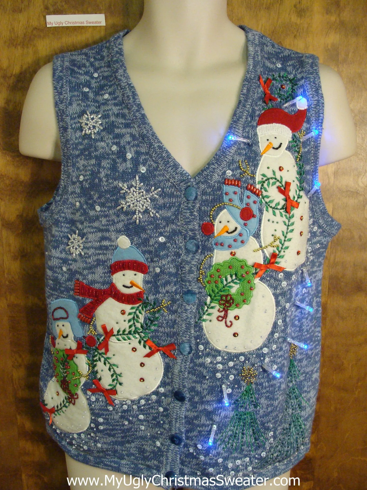 Four Cute Happy Snowmen Light Up Ugly Xmas Sweater Vest