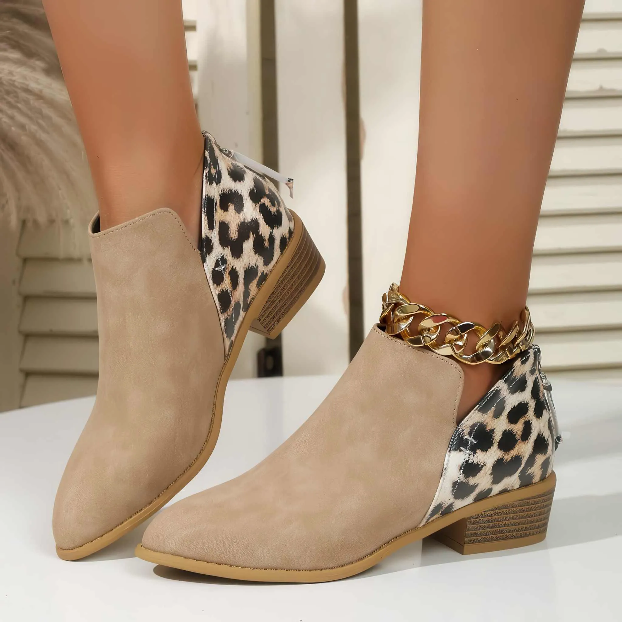 Glow Chic's Fashionable Leopard Print Boots – Pointed Toe Chunky Heel with Back Zipper