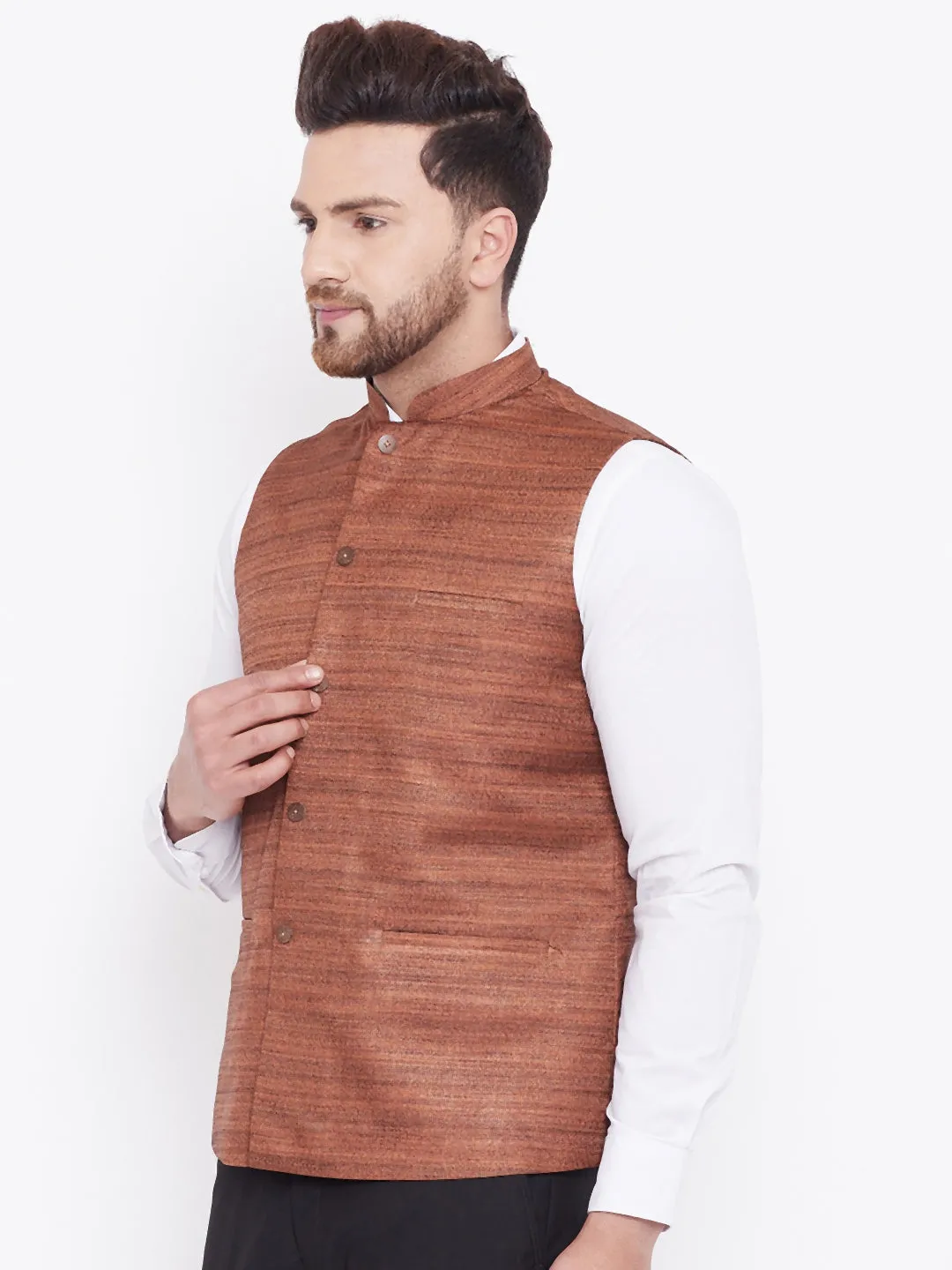 Jashvi Men's Coffee Brown Silk Blend Nehru Jacket