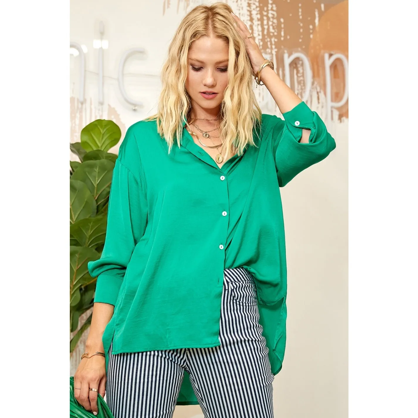 Kelly Green Satin Button Down Shirt