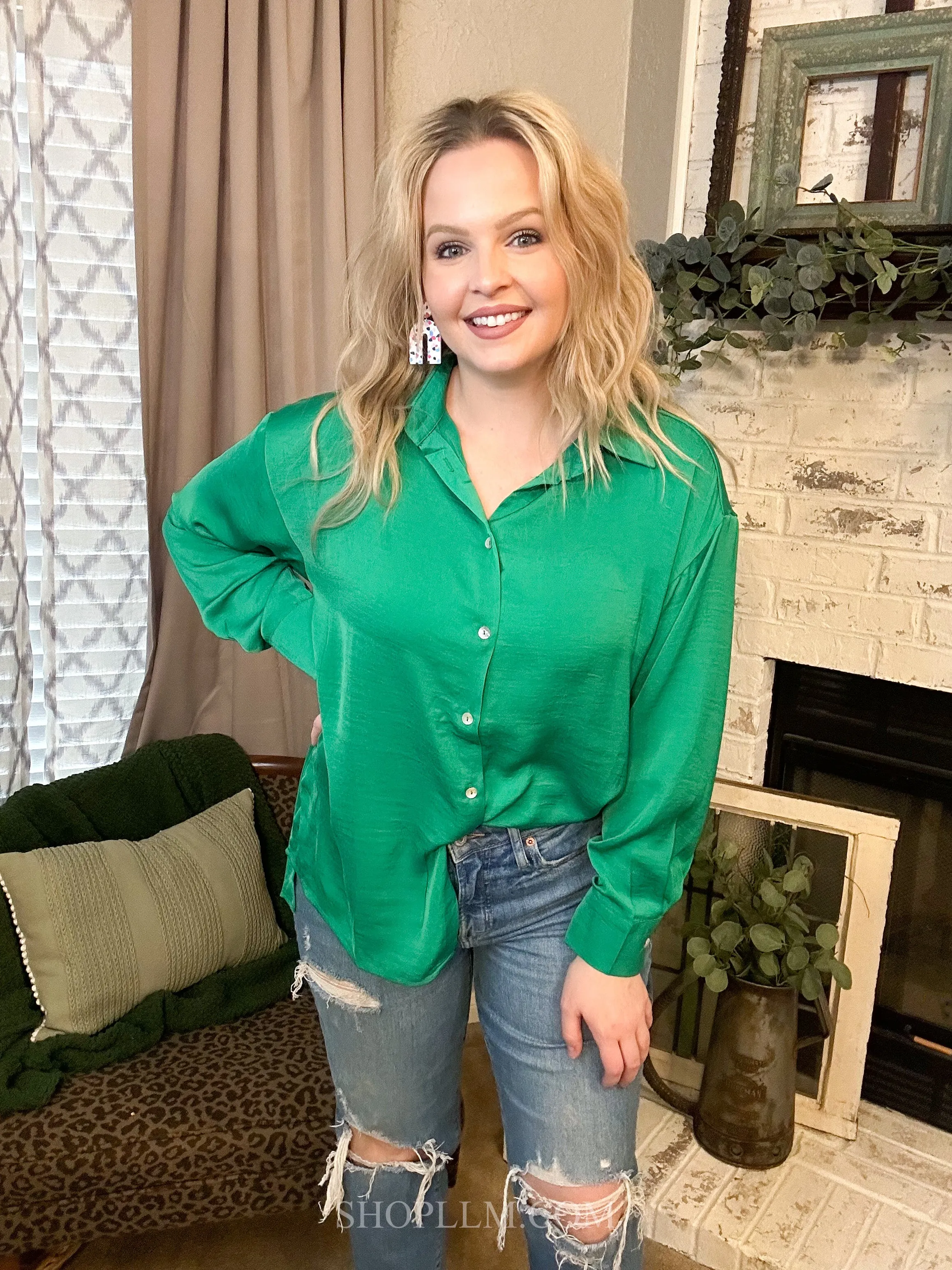 Kelly Green Satin Button Down Shirt