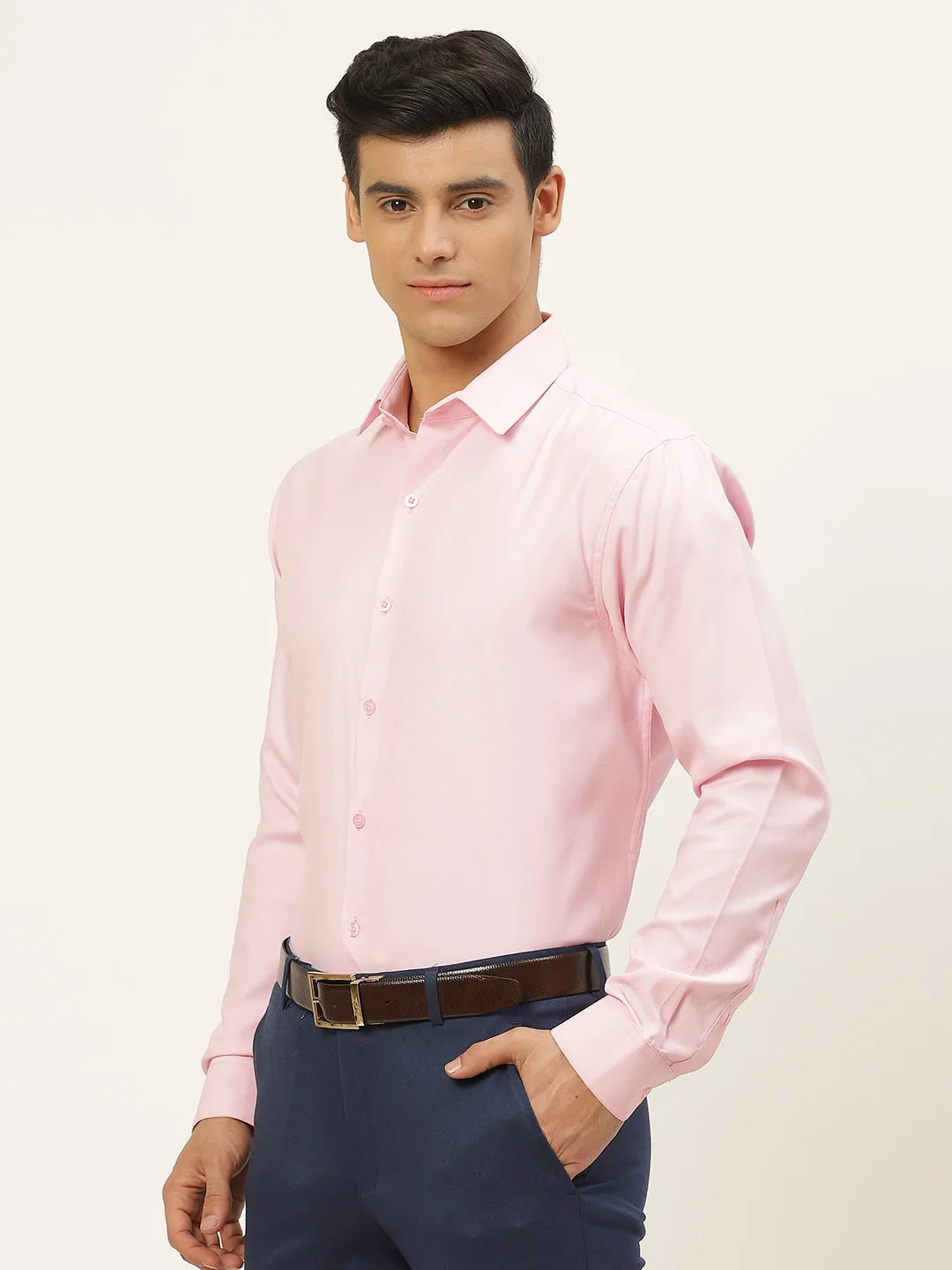 Men's Cotton Pink Self Design Classic Formal Shirt - Sojanya