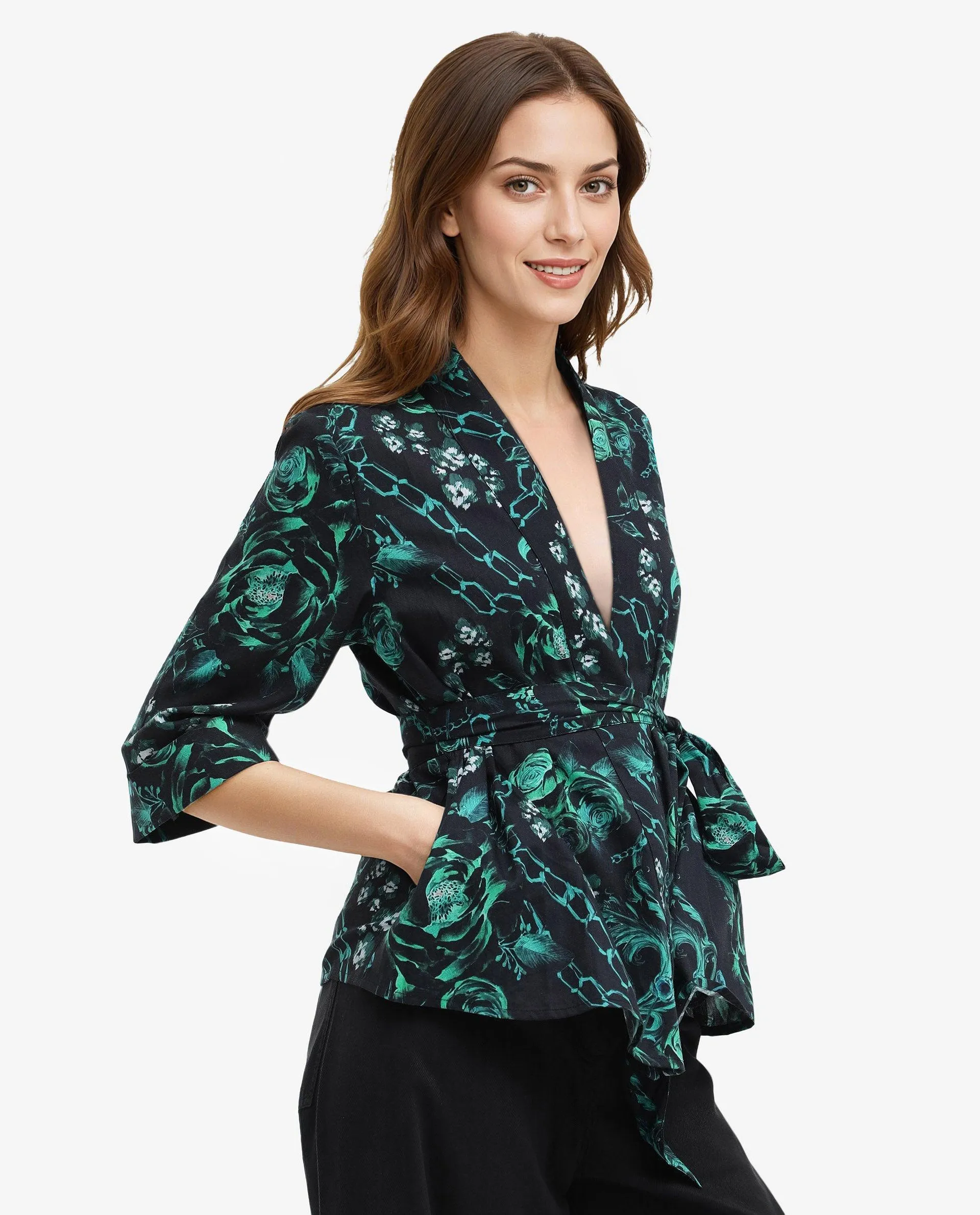 Rareism Women Gamo Black 3/4Th Sleeve Over Lap Neck Floral Print Top