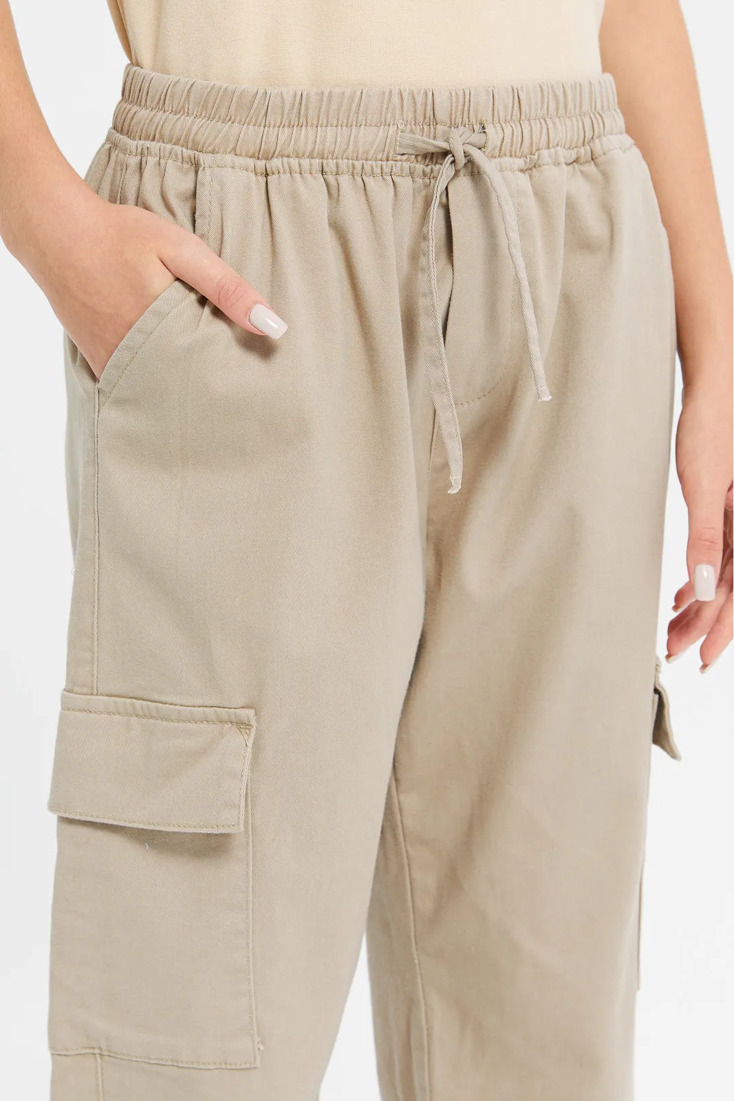 Senior Girls Beige Cargo Pocket Joggers