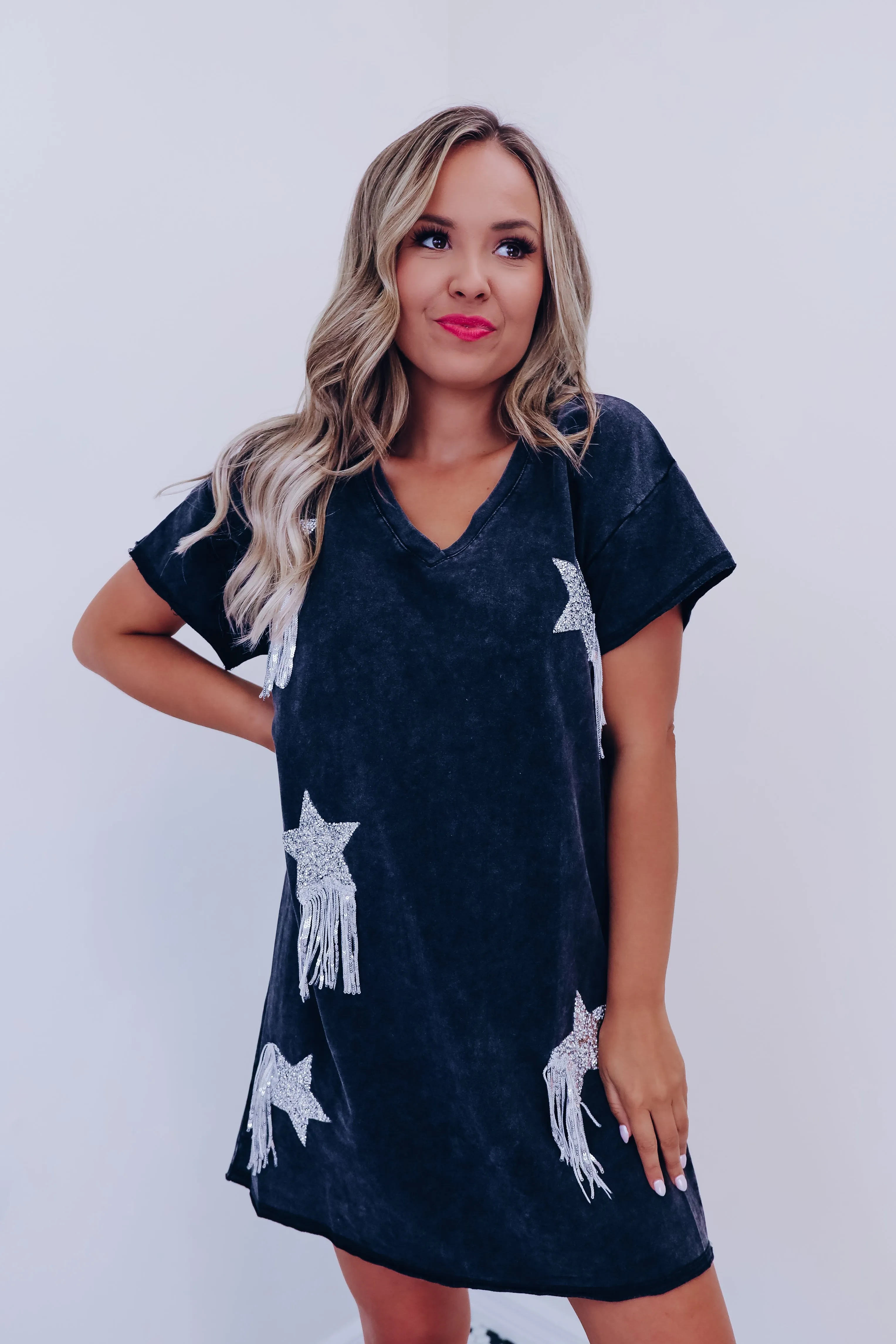 Star Burst Fringe T-Shirt Dress - Black