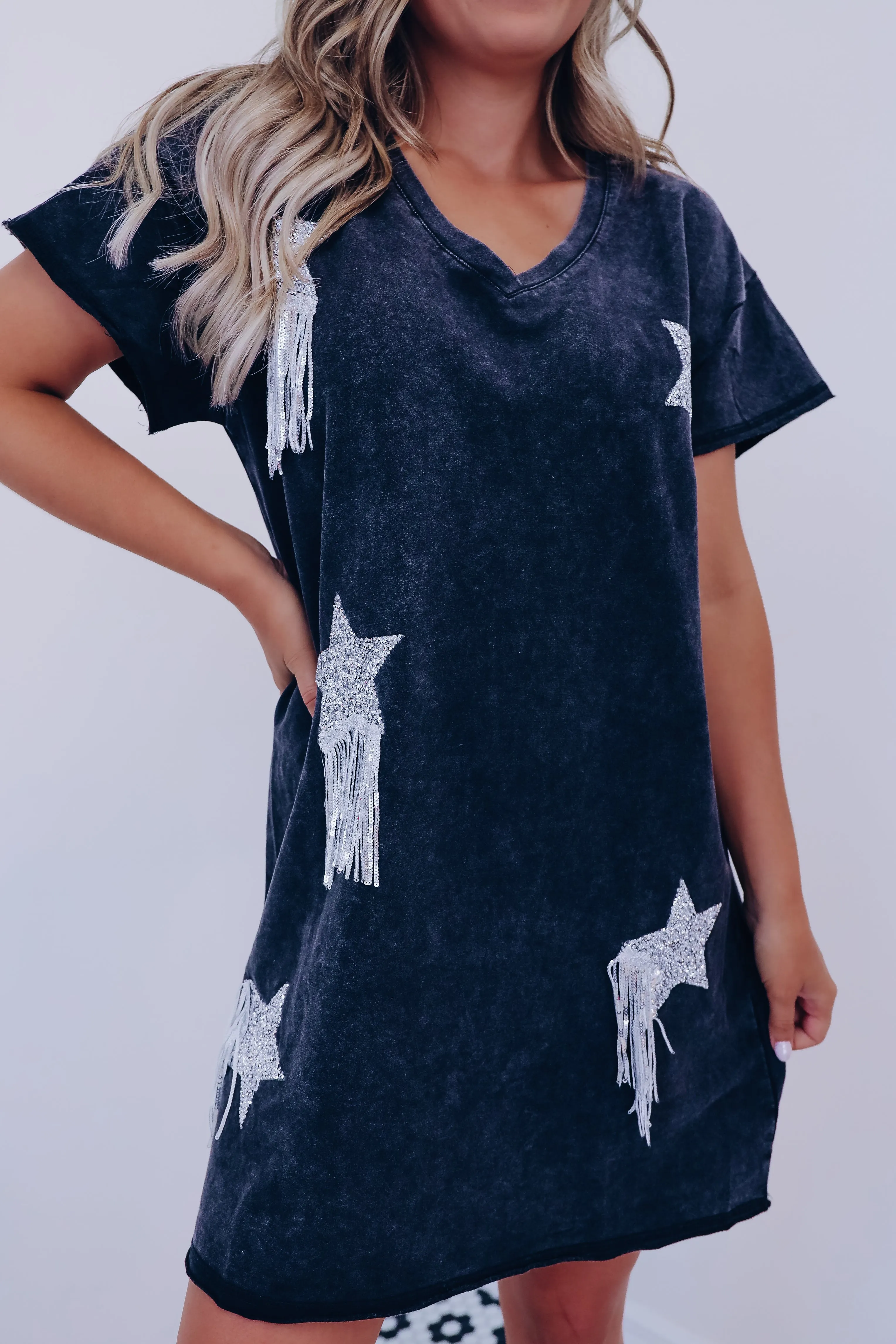 Star Burst Fringe T-Shirt Dress - Black