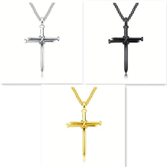 Steel/ Gold /Black Fashion  Iron Nail Cross Pendant Necklace - Stainless Steel - 3mm Round