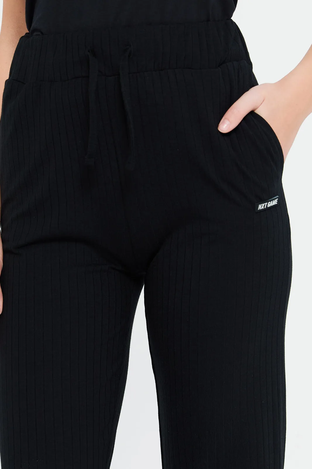 Women Black Ribbed Active Pants